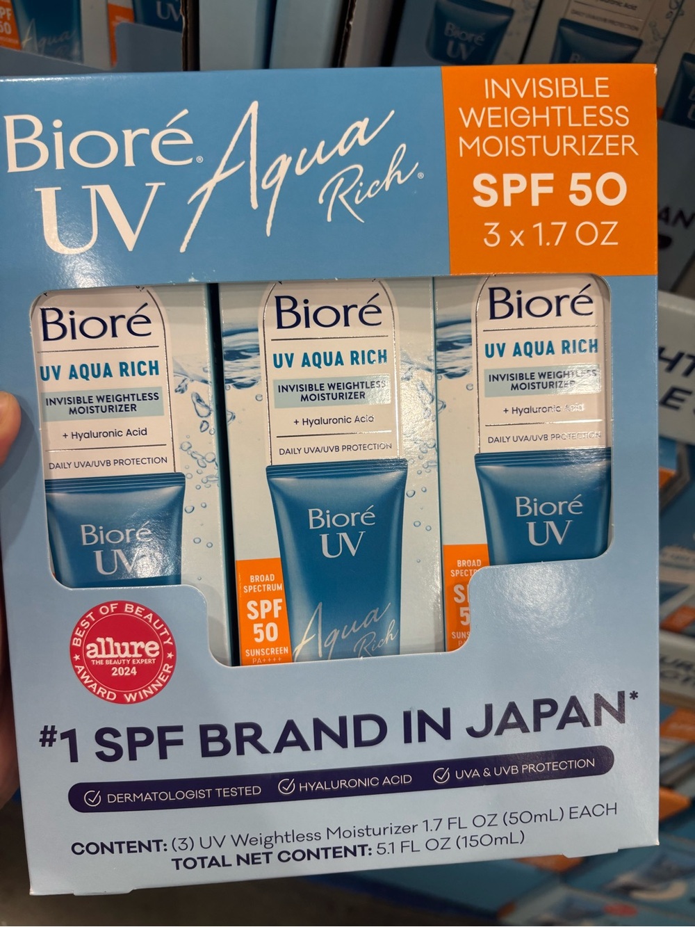 3-pack in box Biore UV Aqua Rich Invisible Weightless Moisturizer SPF 50 - new